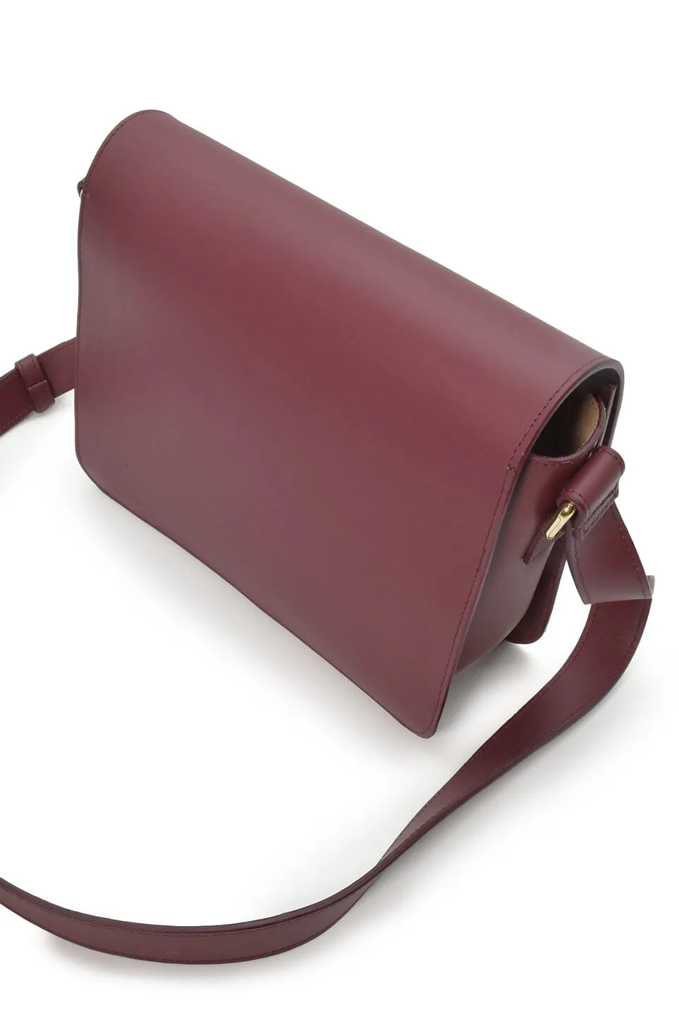 Burgundy leather square crossbody bag with flap