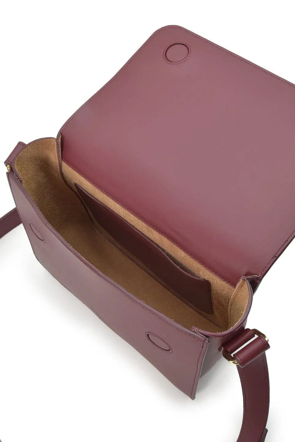 Burgundy leather square crossbody bag with flap