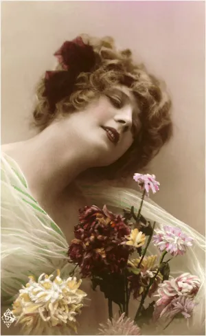 BW-49 Woman with Gossamer and Dahlias - Vintage Image