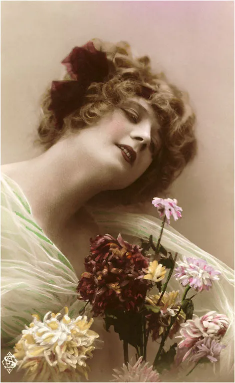 BW-49 Woman with Gossamer and Dahlias - Vintage Image