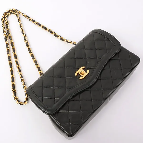 Chanel Around 1990 Made Edge Flap Turn-Lock Chain Bag With Pouch Black