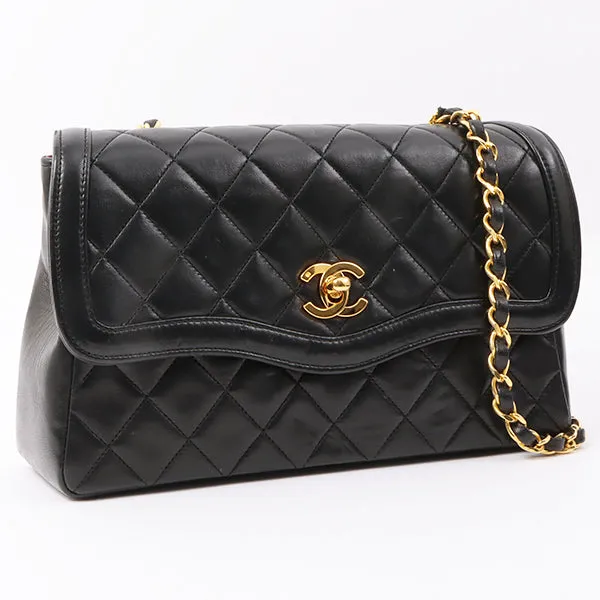 Chanel Around 1990 Made Edge Flap Turn-Lock Chain Bag With Pouch Black