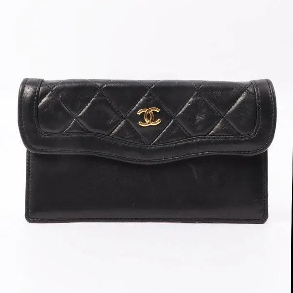 Chanel Around 1990 Made Edge Flap Turn-Lock Chain Bag With Pouch Black