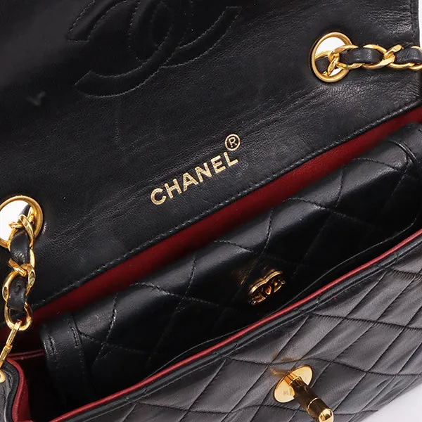Chanel Around 1990 Made Edge Flap Turn-Lock Chain Bag With Pouch Black