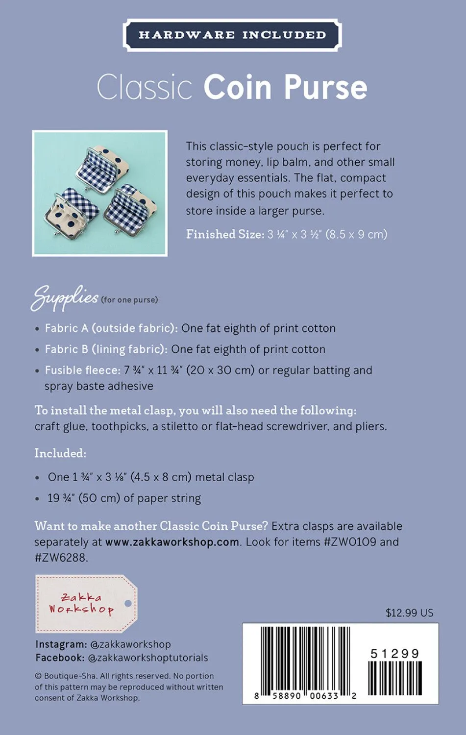 Classic Coin Purse Pattern Including Hardware