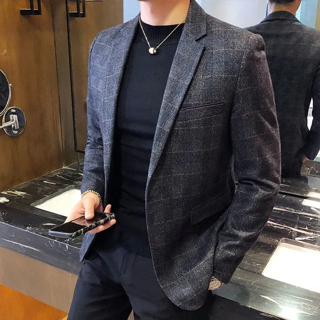 Classic Plaid Pattern Men Long Sleeve Blazer