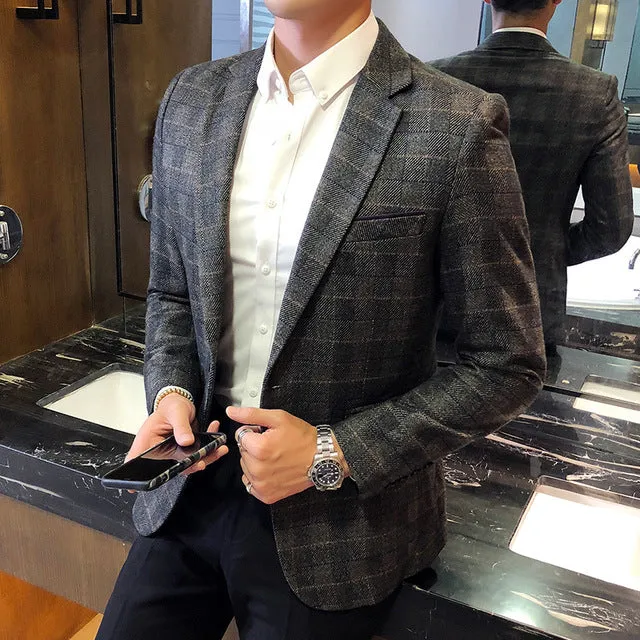 Classic Plaid Pattern Men Long Sleeve Blazer