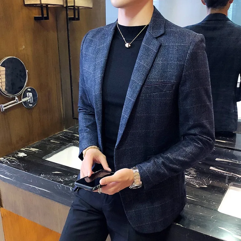 Classic Plaid Pattern Men Long Sleeve Blazer