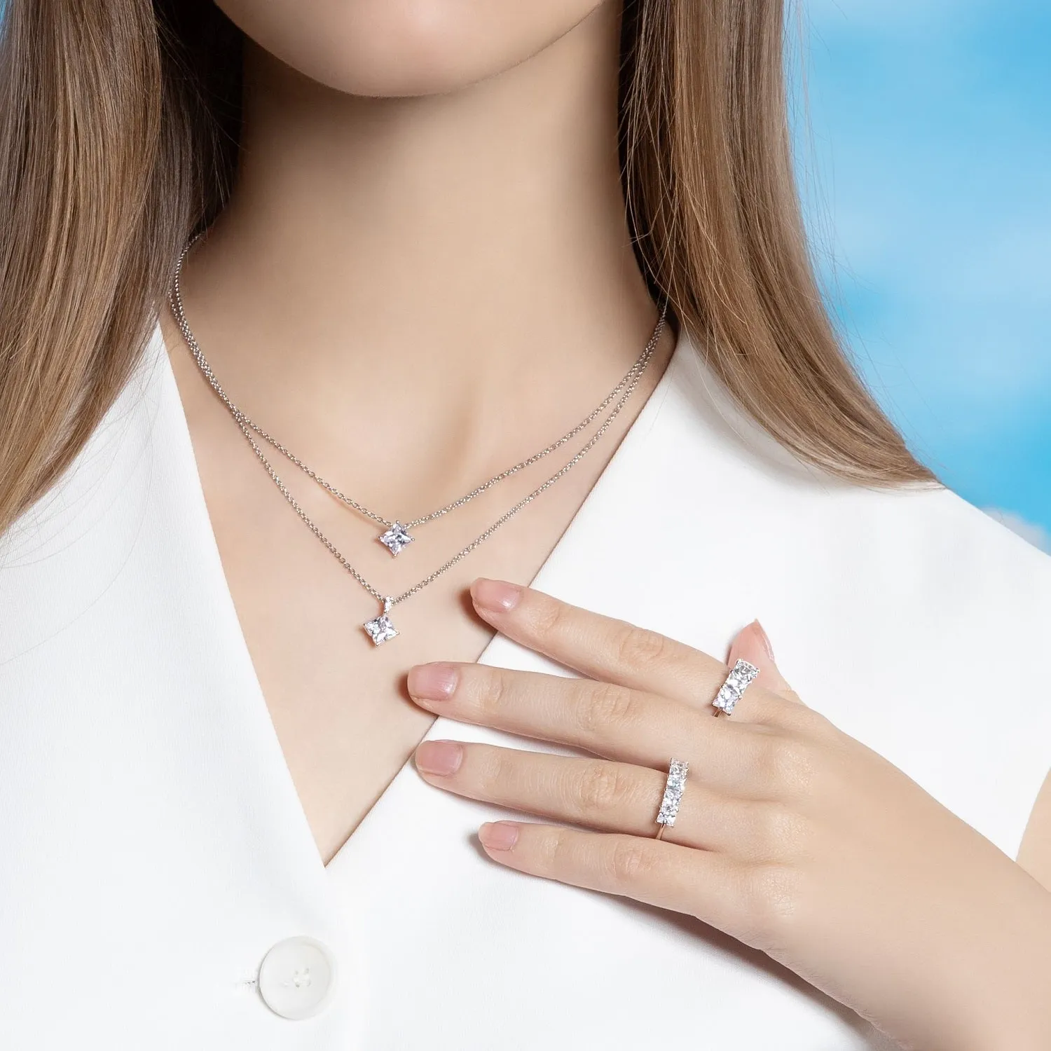 Classic Silver Rhodium Plated Lozenge Design Princess Cut CZ Pendant with 16" Chain Necklace