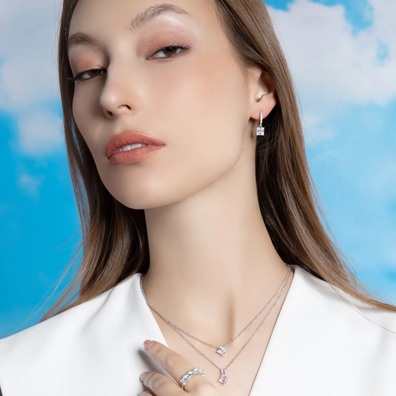 Classic Silver Rhodium Plated Lozenge Design Princess Cut CZ Pendant with 16" Chain Necklace