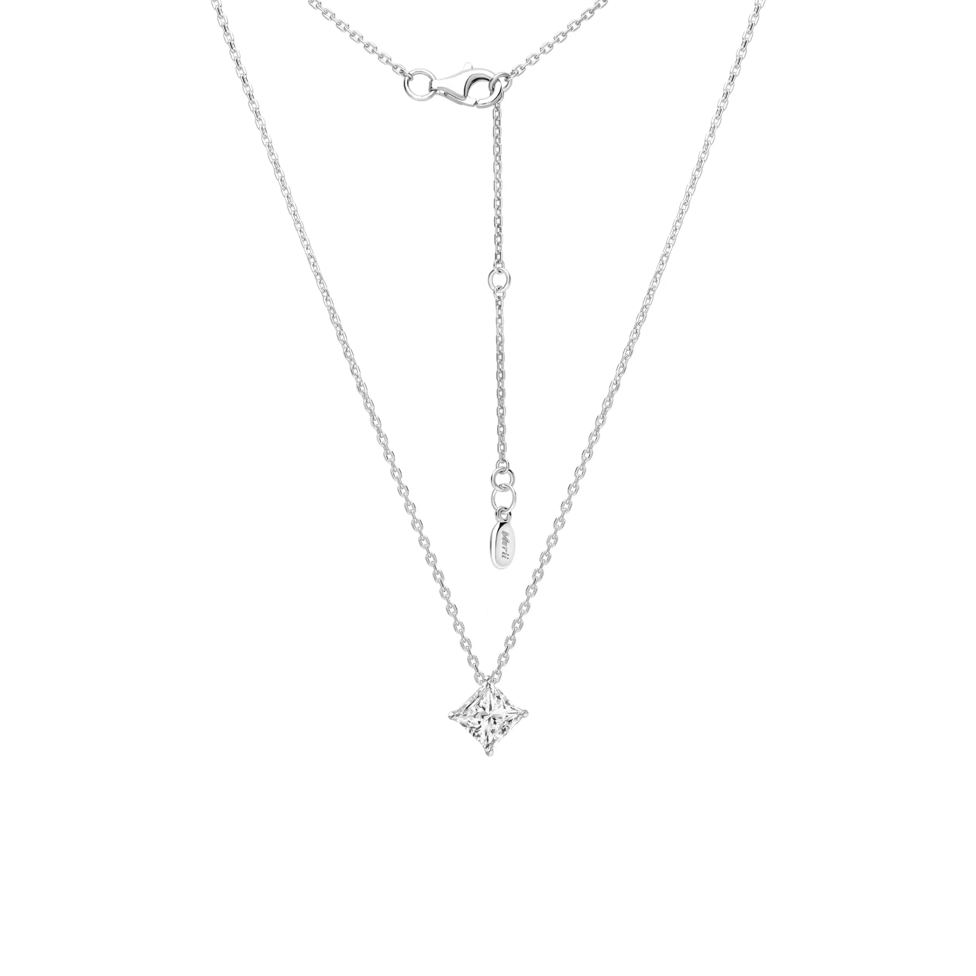 Classic Silver Rhodium Plated Lozenge Design Princess Cut CZ Pendant with 16" Chain Necklace