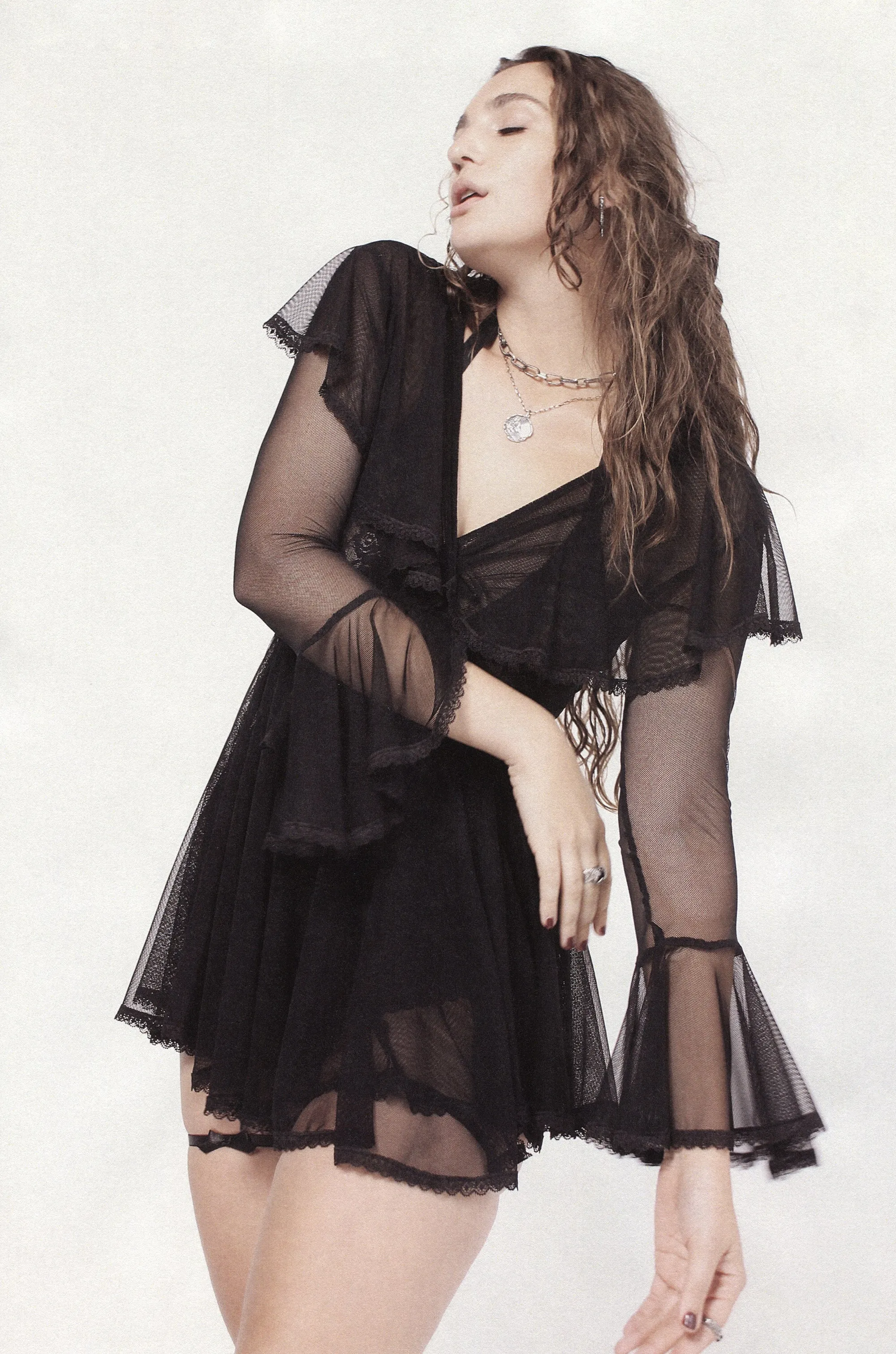 Claudette Robe Black Mesh with Lace Trim
