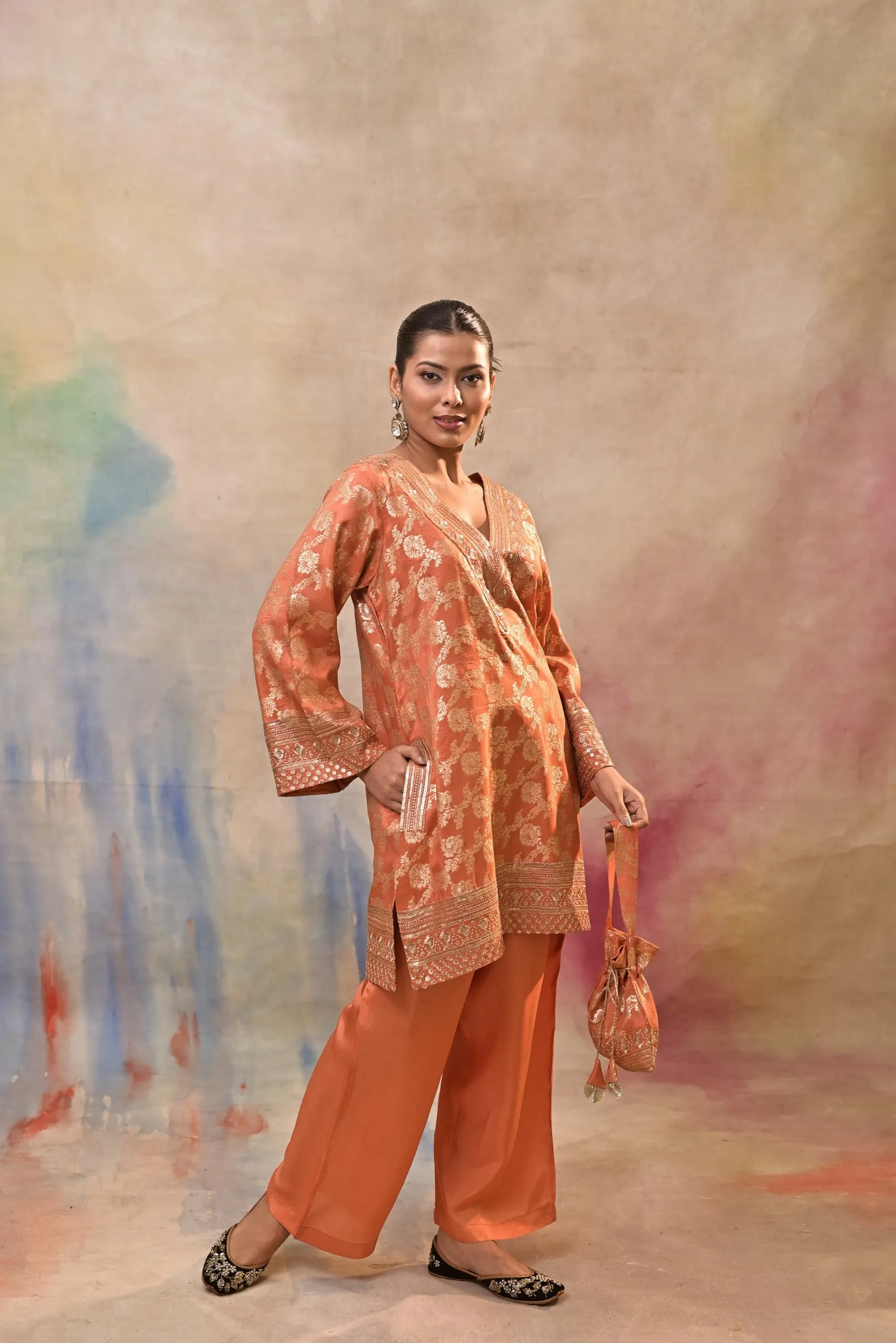 Coral Orange Brocade Cord Set