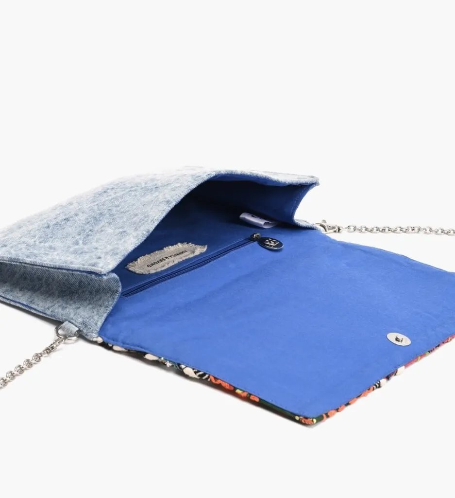 Denim Beaded and Embroidered Crossbody Clutch Bag