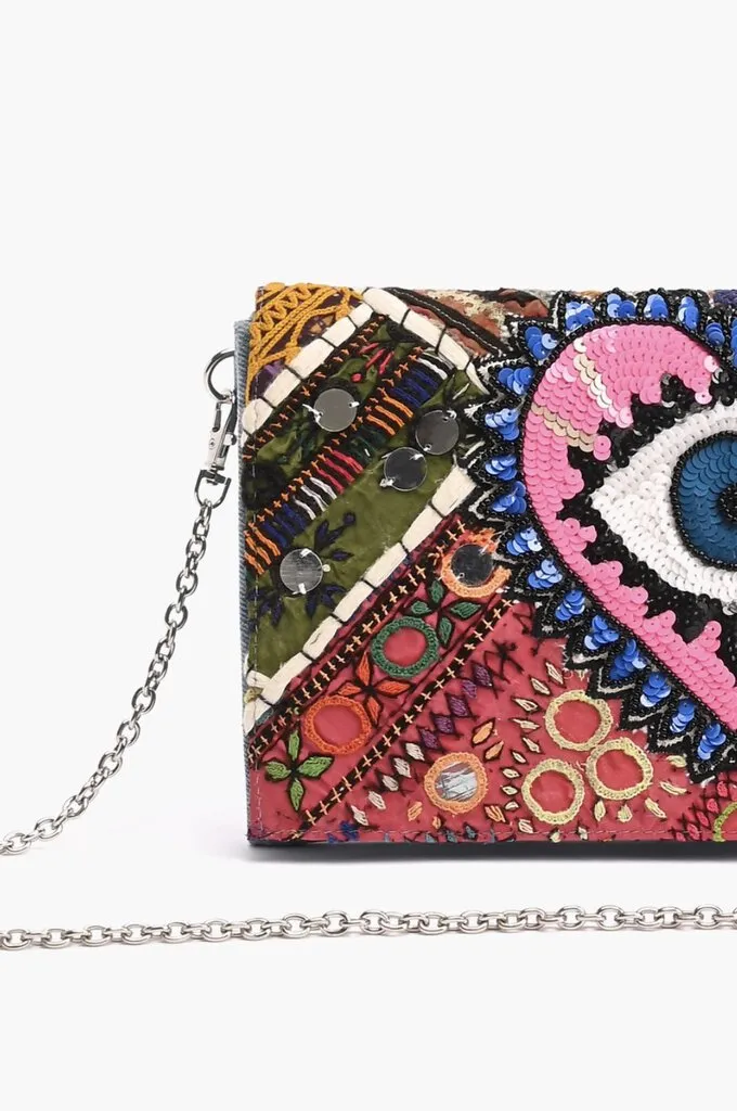 Denim Beaded and Embroidered Crossbody Clutch Bag