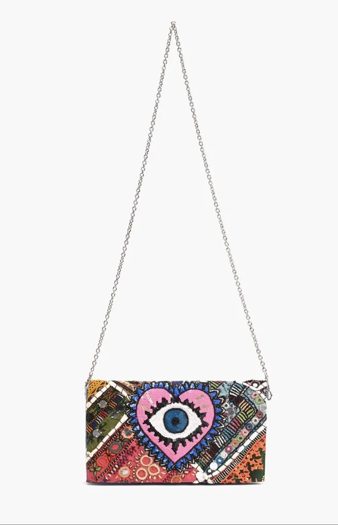 Denim Beaded and Embroidered Crossbody Clutch Bag