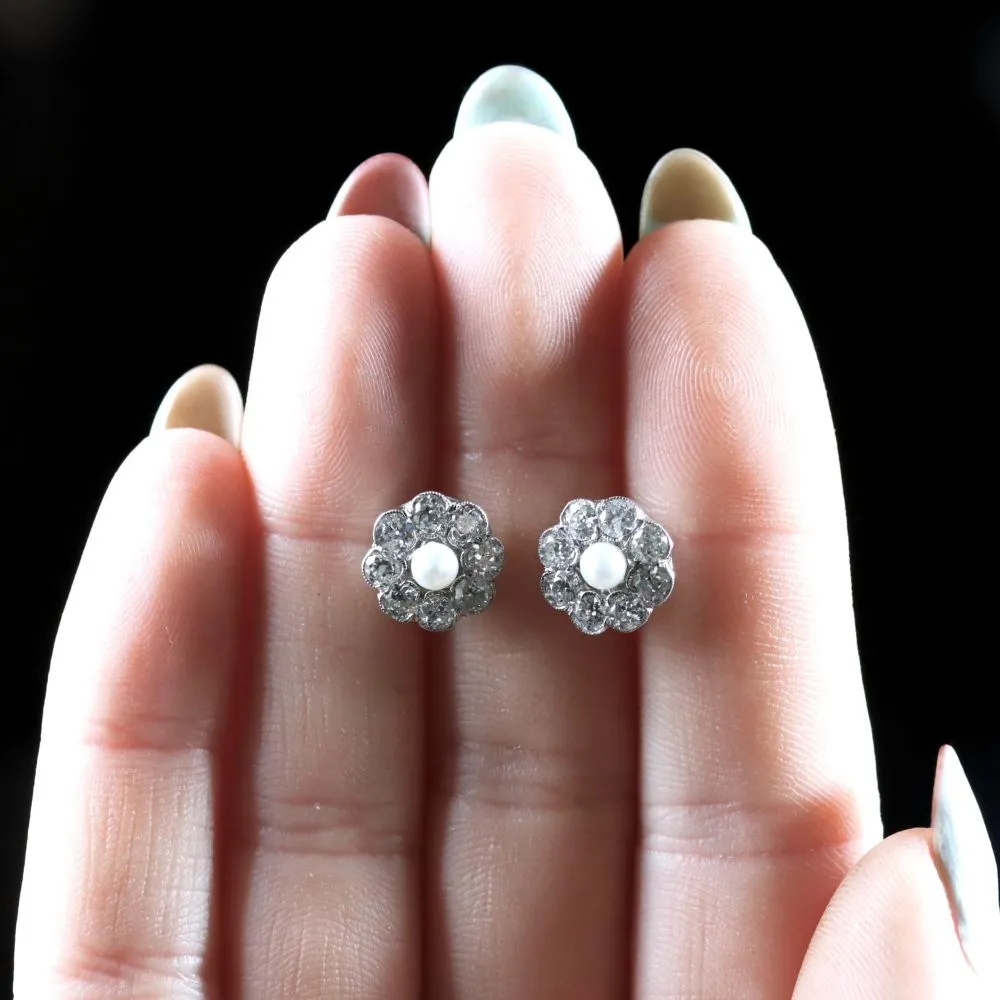 Diamond Pearl Cluster 18Ct Gold Earrings