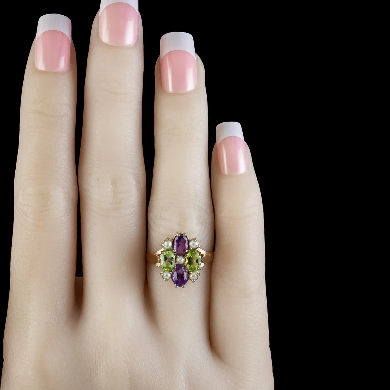 Edwardian Suffragette Style Cluster Ring Peridot Amethyst Pearl