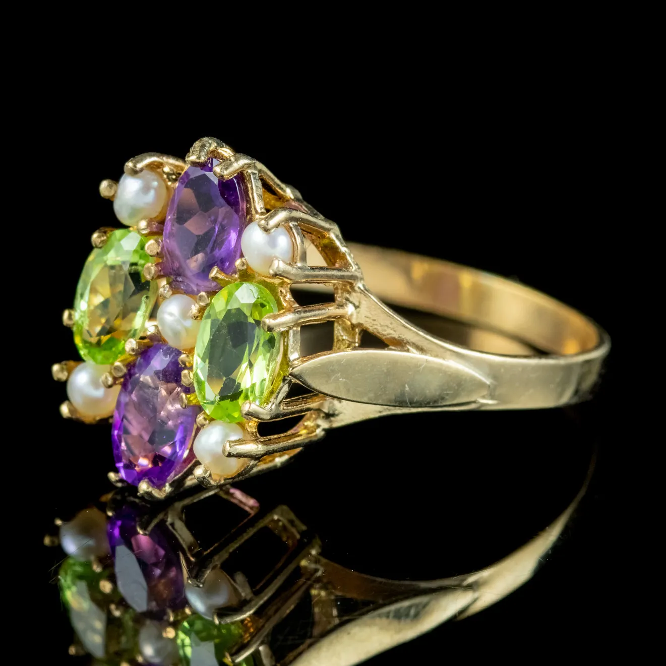 Edwardian Suffragette Style Cluster Ring Peridot Amethyst Pearl