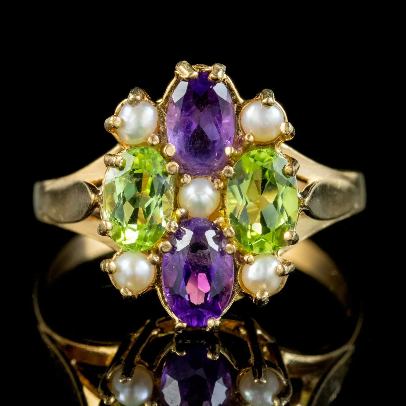 Edwardian Suffragette Style Cluster Ring Peridot Amethyst Pearl