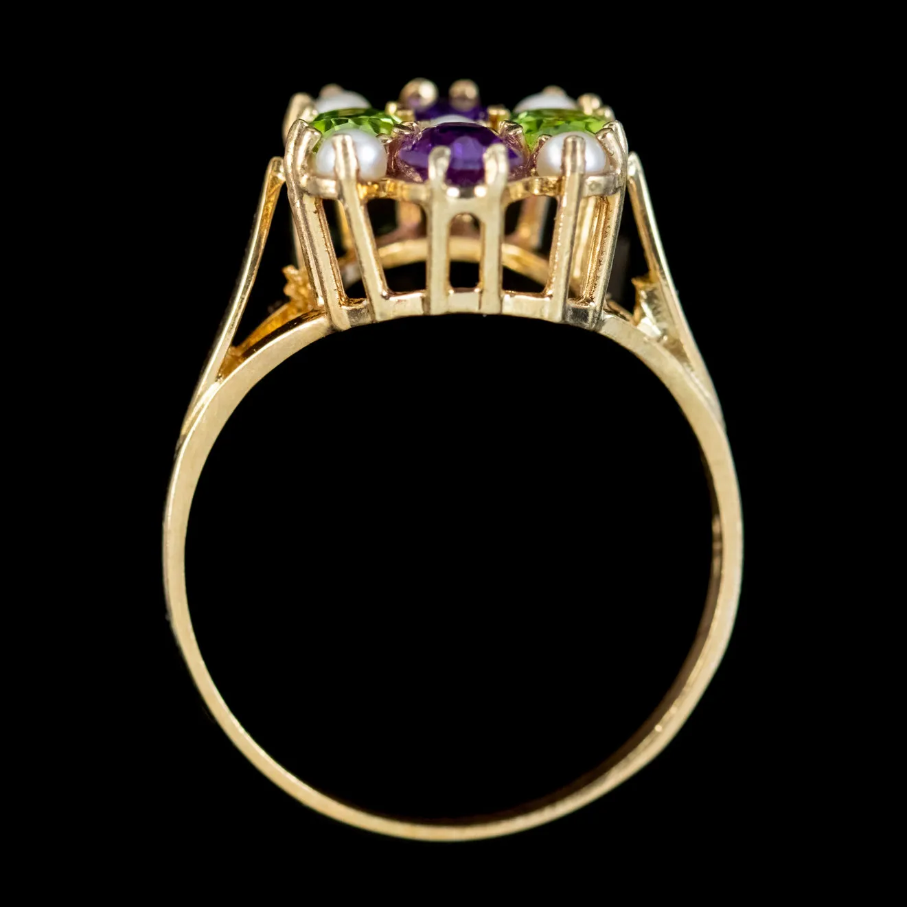 Edwardian Suffragette Style Cluster Ring Peridot Amethyst Pearl