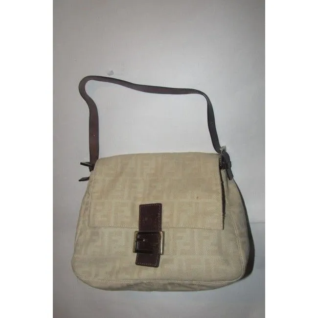 Fendi Mamma Zucco Style Shoulder Purse Zucca Print In Shades Of Tan Canvas And Leather Satchel