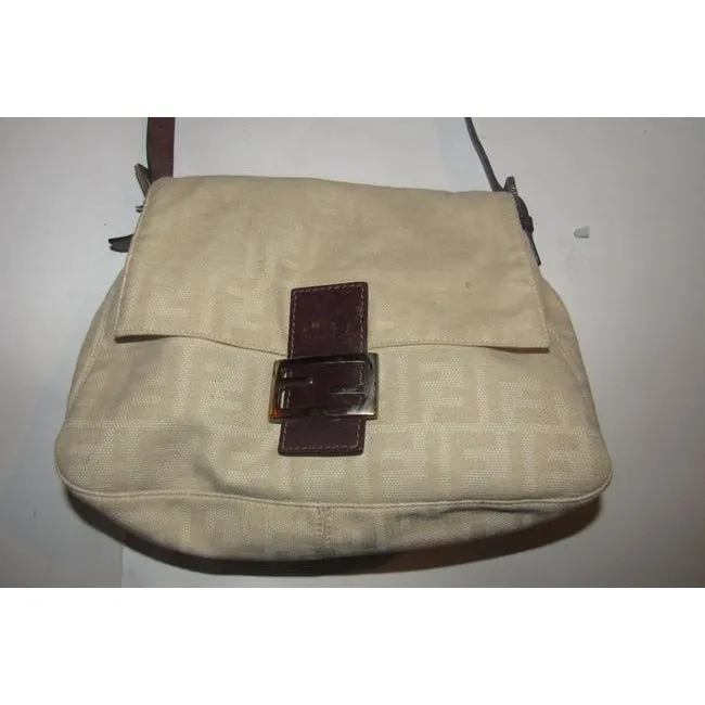 Fendi Mamma Zucco Style Shoulder Purse Zucca Print In Shades Of Tan Canvas And Leather Satchel