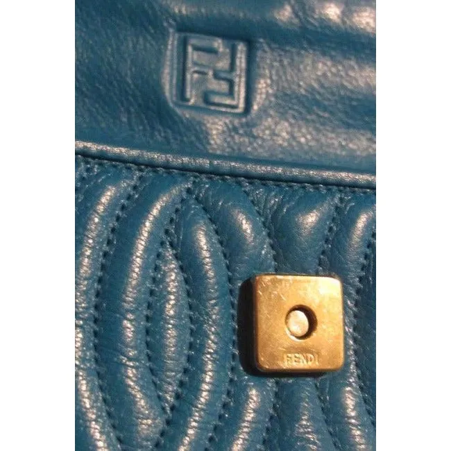 Fendi Pasta Or Noodle Purse Super Soft Turquoise Blue Quilted Leather With Bold Gold Hardware Hardwa