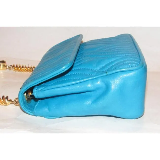 Fendi Pasta Or Noodle Purse Super Soft Turquoise Blue Quilted Leather With Bold Gold Hardware Hardwa