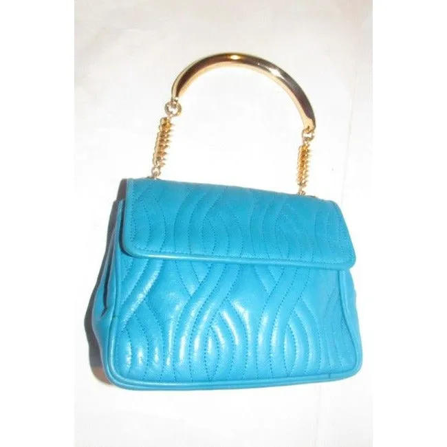 Fendi Pasta Or Noodle Purse Super Soft Turquoise Blue Quilted Leather With Bold Gold Hardware Hardwa