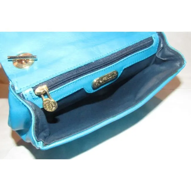 Fendi Pasta Or Noodle Purse Super Soft Turquoise Blue Quilted Leather With Bold Gold Hardware Hardwa