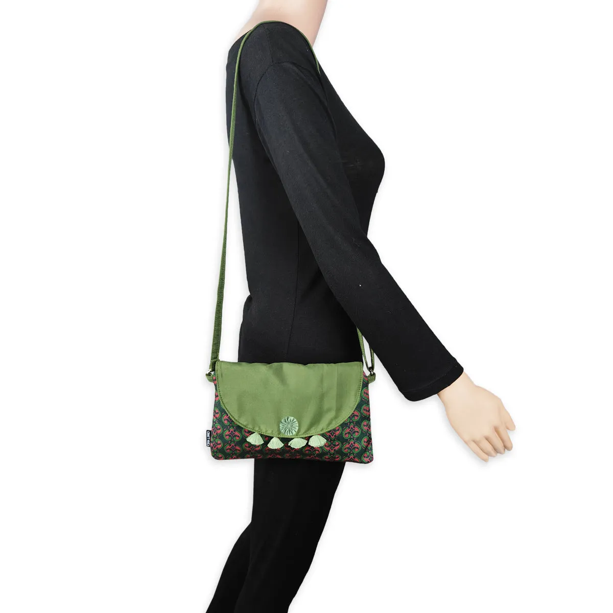 Flap Tassel Sling Bag- Green Knot