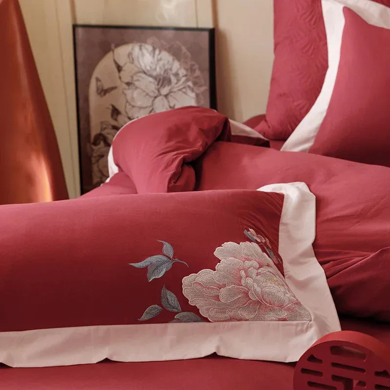 Flytonn-1000TC Egyptian Cotton Luxury Chinese Style Flowers Embroidery Wedding Bedding Set Duvet Cover Flat/Fitted Bed Sheet Pillowcases