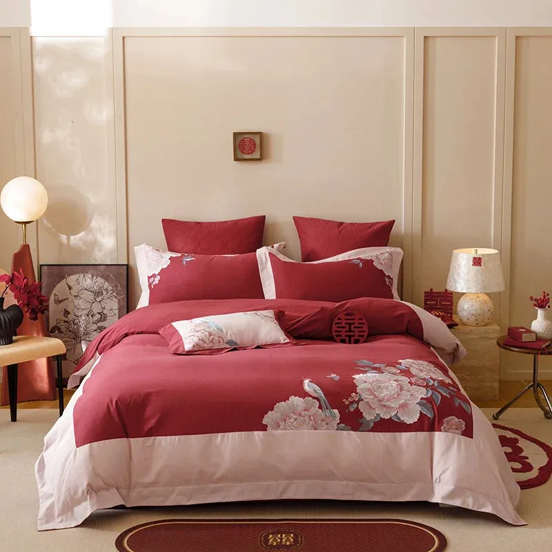 Flytonn-1000TC Egyptian Cotton Luxury Chinese Style Flowers Embroidery Wedding Bedding Set Duvet Cover Flat/Fitted Bed Sheet Pillowcases