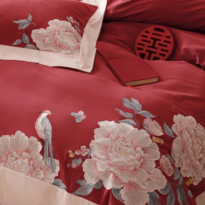 Flytonn-1000TC Egyptian Cotton Luxury Chinese Style Flowers Embroidery Wedding Bedding Set Duvet Cover Flat/Fitted Bed Sheet Pillowcases