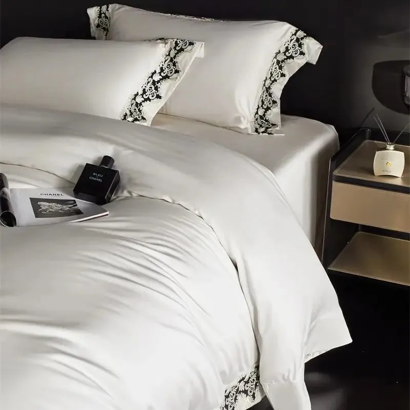 Flytonn-1200TC Lyocell Cotton Luxury Embroidery Bedding Set Soft Silky Breathable Duvet Cover Set Flat/Fitted Bed Sheet Pillowcases 4Pcs