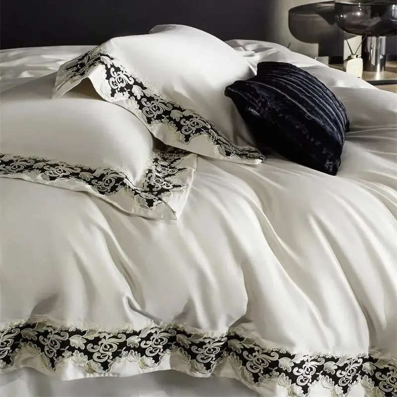 Flytonn-1200TC Lyocell Cotton Luxury Embroidery Bedding Set Soft Silky Breathable Duvet Cover Set Flat/Fitted Bed Sheet Pillowcases 4Pcs