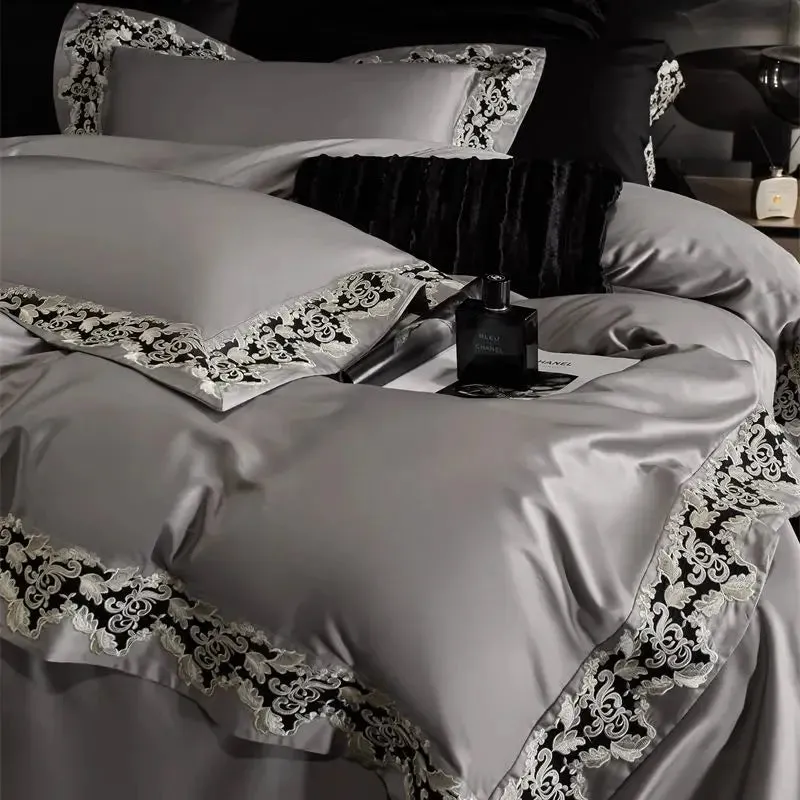 Flytonn-1200TC Lyocell Cotton Luxury Embroidery Bedding Set Soft Silky Breathable Duvet Cover Set Flat/Fitted Bed Sheet Pillowcases 4Pcs