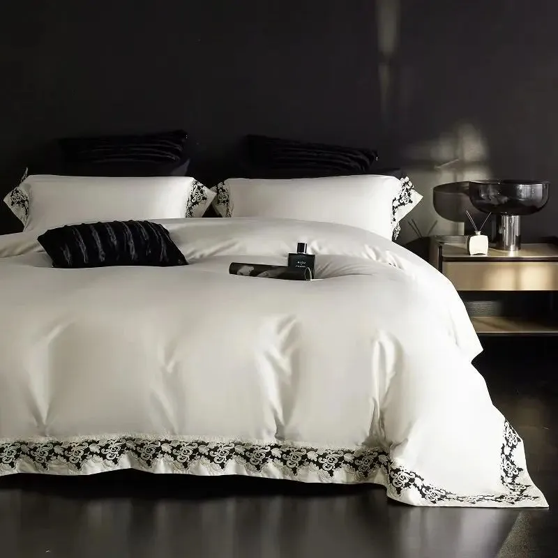 Flytonn-1200TC Lyocell Cotton Luxury Embroidery Bedding Set Soft Silky Breathable Duvet Cover Set Flat/Fitted Bed Sheet Pillowcases 4Pcs