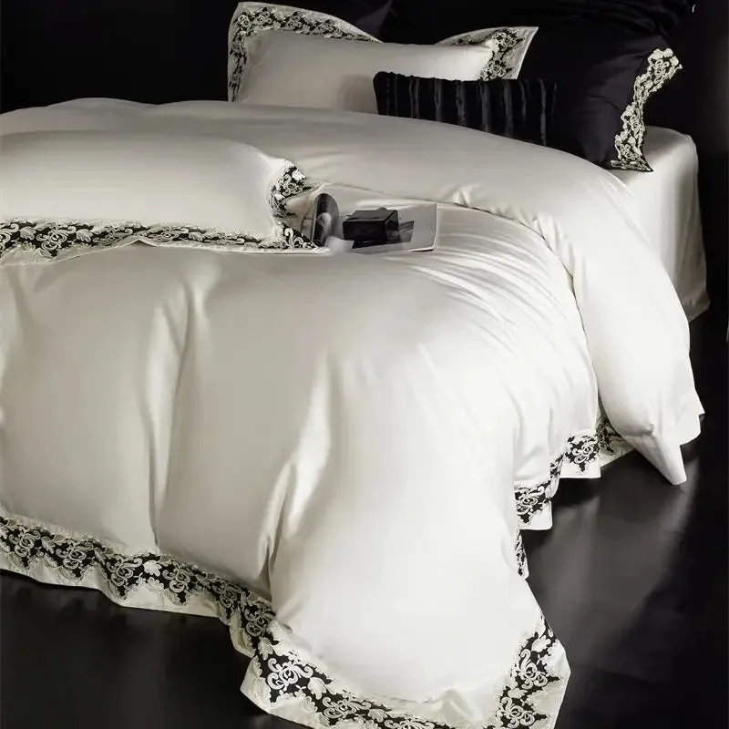 Flytonn-1200TC Lyocell Cotton Luxury Embroidery Bedding Set Soft Silky Breathable Duvet Cover Set Flat/Fitted Bed Sheet Pillowcases 4Pcs