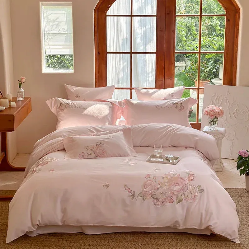 Flytonn-3/4Pcs Pink Flowers Embroidery Egyptian Cotton Brushed Bedding Set Single Queen King Size Duvet Cover Set Bed Sheet Pillowcases