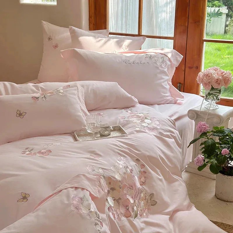 Flytonn-3/4Pcs Pink Flowers Embroidery Egyptian Cotton Brushed Bedding Set Single Queen King Size Duvet Cover Set Bed Sheet Pillowcases