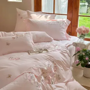 Flytonn-3/4Pcs Pink Flowers Embroidery Egyptian Cotton Brushed Bedding Set Single Queen King Size Duvet Cover Set Bed Sheet Pillowcases