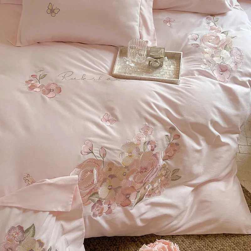 Flytonn-3/4Pcs Pink Flowers Embroidery Egyptian Cotton Brushed Bedding Set Single Queen King Size Duvet Cover Set Bed Sheet Pillowcases