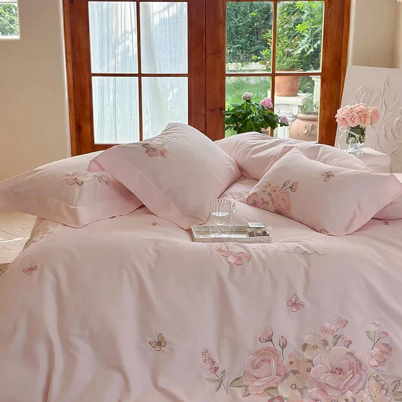 Flytonn-3/4Pcs Pink Flowers Embroidery Egyptian Cotton Brushed Bedding Set Single Queen King Size Duvet Cover Set Bed Sheet Pillowcases