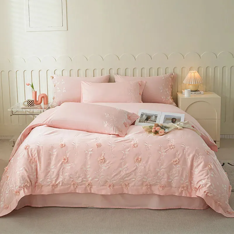 Flytonn-Lace Flowers Embroidery Luxury Princess Wedding Bedding Sets Egyptian Cotton Duvet Cover Set Bed Sheet Pillowcases Home Textile