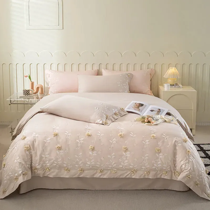 Flytonn-Lace Flowers Embroidery Luxury Princess Wedding Bedding Sets Egyptian Cotton Duvet Cover Set Bed Sheet Pillowcases Home Textile