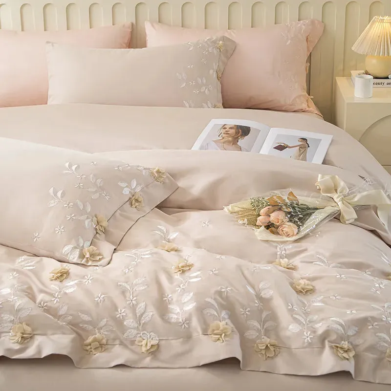 Flytonn-Lace Flowers Embroidery Luxury Princess Wedding Bedding Sets Egyptian Cotton Duvet Cover Set Bed Sheet Pillowcases Home Textile