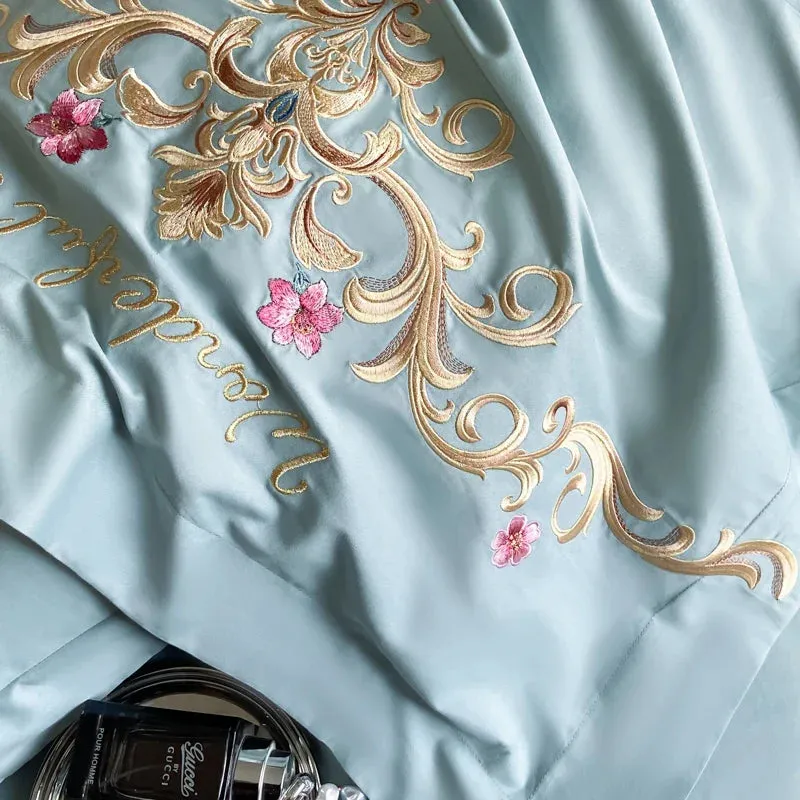 Flytonn-Luxury Exquisite Flowers Embroidery Bedding Set Queen King Duvet Cover Set Flat/Fitted Bed Sheet Pillowcases Wedding Bed Set