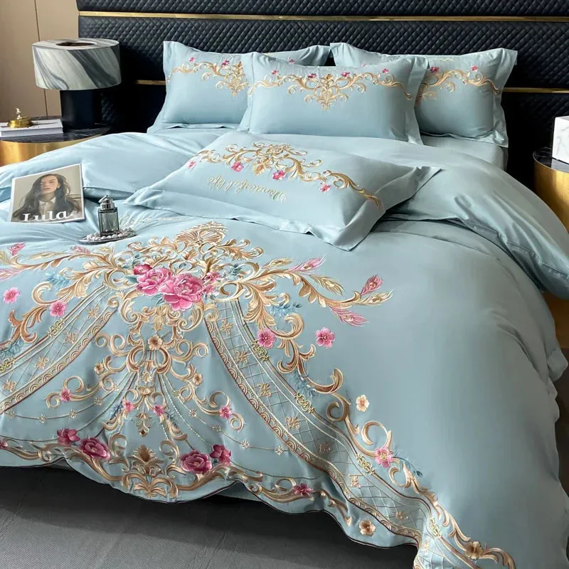 Flytonn-Luxury Exquisite Flowers Embroidery Bedding Set Queen King Duvet Cover Set Flat/Fitted Bed Sheet Pillowcases Wedding Bed Set